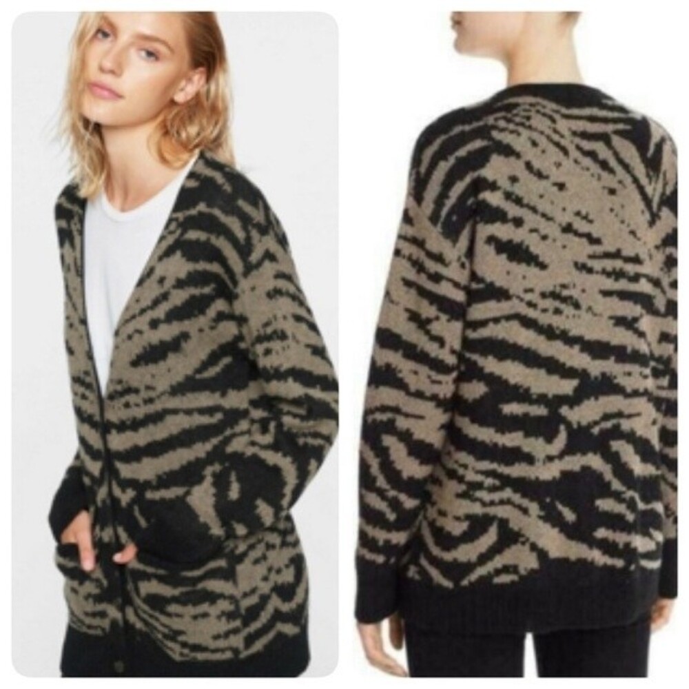 PAM & GELA  Tiger Print Oversized Cardigan Black Tan Small Sweater Wool Mohair